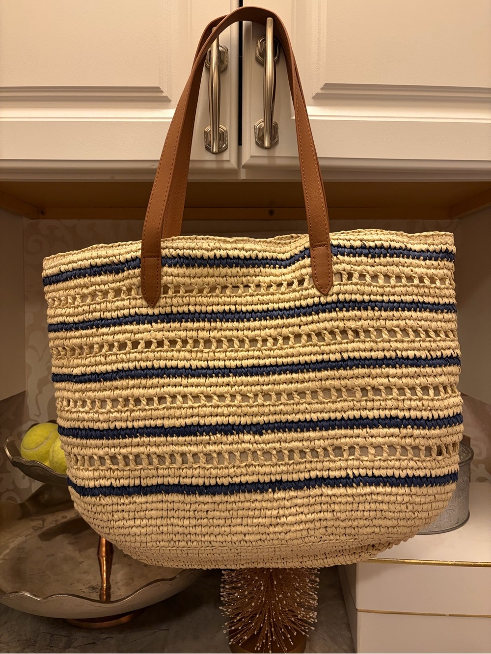 Tommy Bahama Cream and Navy Striped Woven Tote with Brown Handles